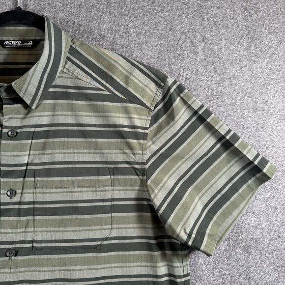 Arc'teryx Brohm Striped Shirt Mens Large Green Gray Short Sleeve Button Up Logo - Picture 8 of 12